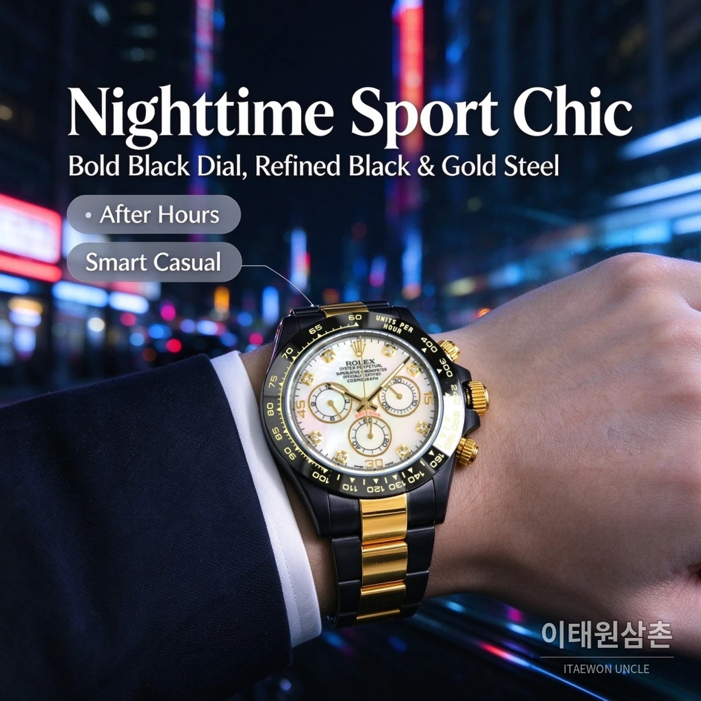 롤렉스 블라켄 데이토나 펄화이트 크리스털인덱스 블랙골드 크로노그래프 40mm