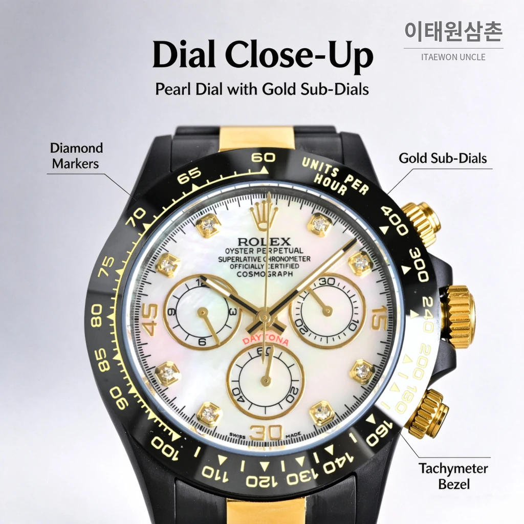 롤렉스 블라켄 데이토나 펄화이트 크리스털인덱스 블랙골드 크로노그래프 40mm