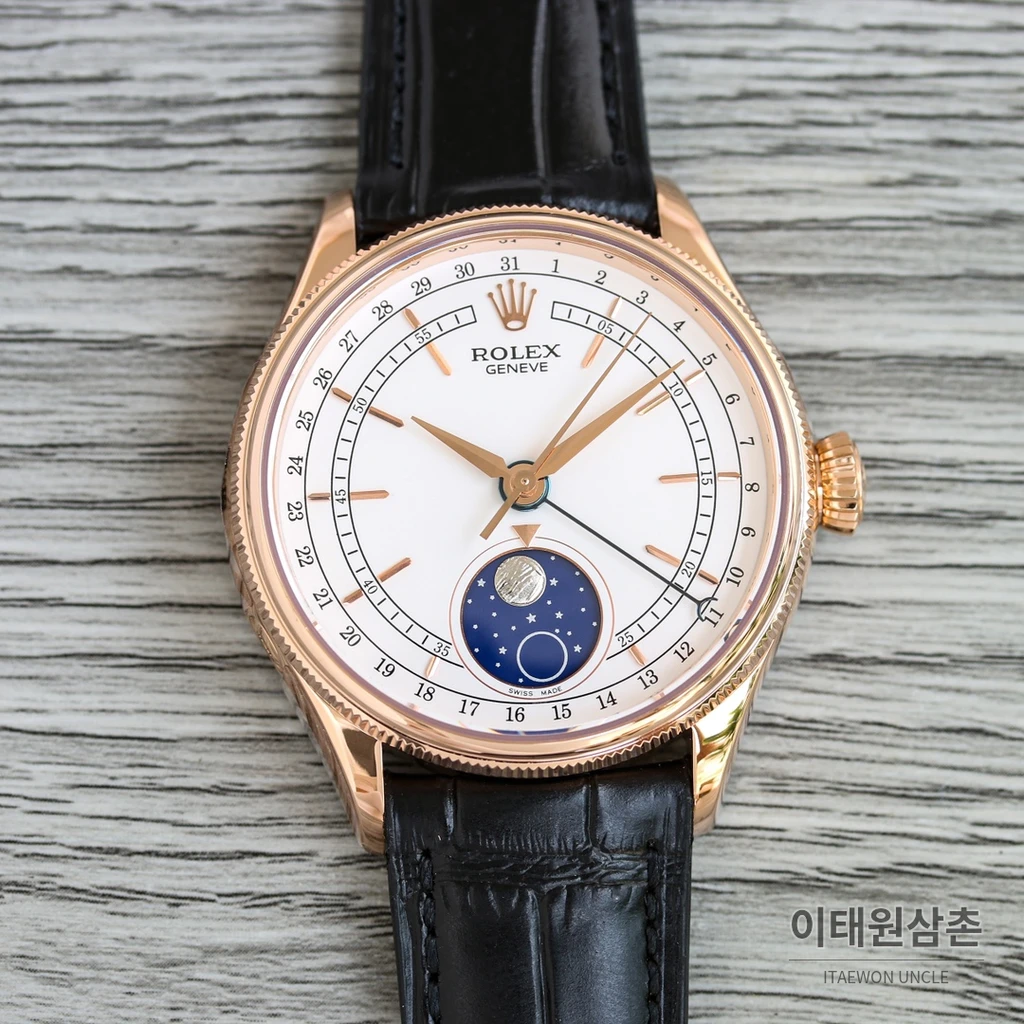 롤렉스 첼리니 문페이즈 18K 로즈 골드 메테오라이트 문페이즈 오토매틱 39mm