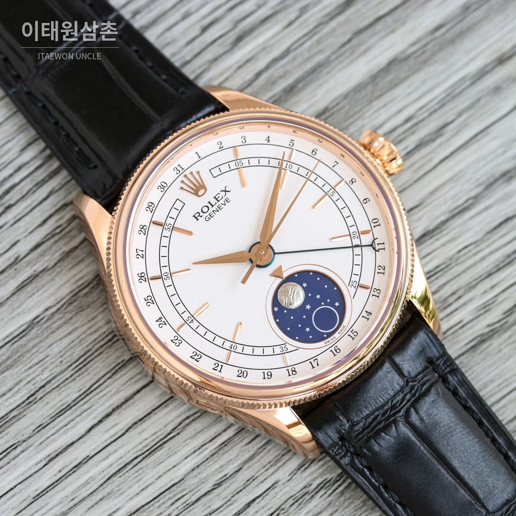 롤렉스 첼리니 문페이즈 18K 로즈 골드 메테오라이트 문페이즈 오토매틱 39mm