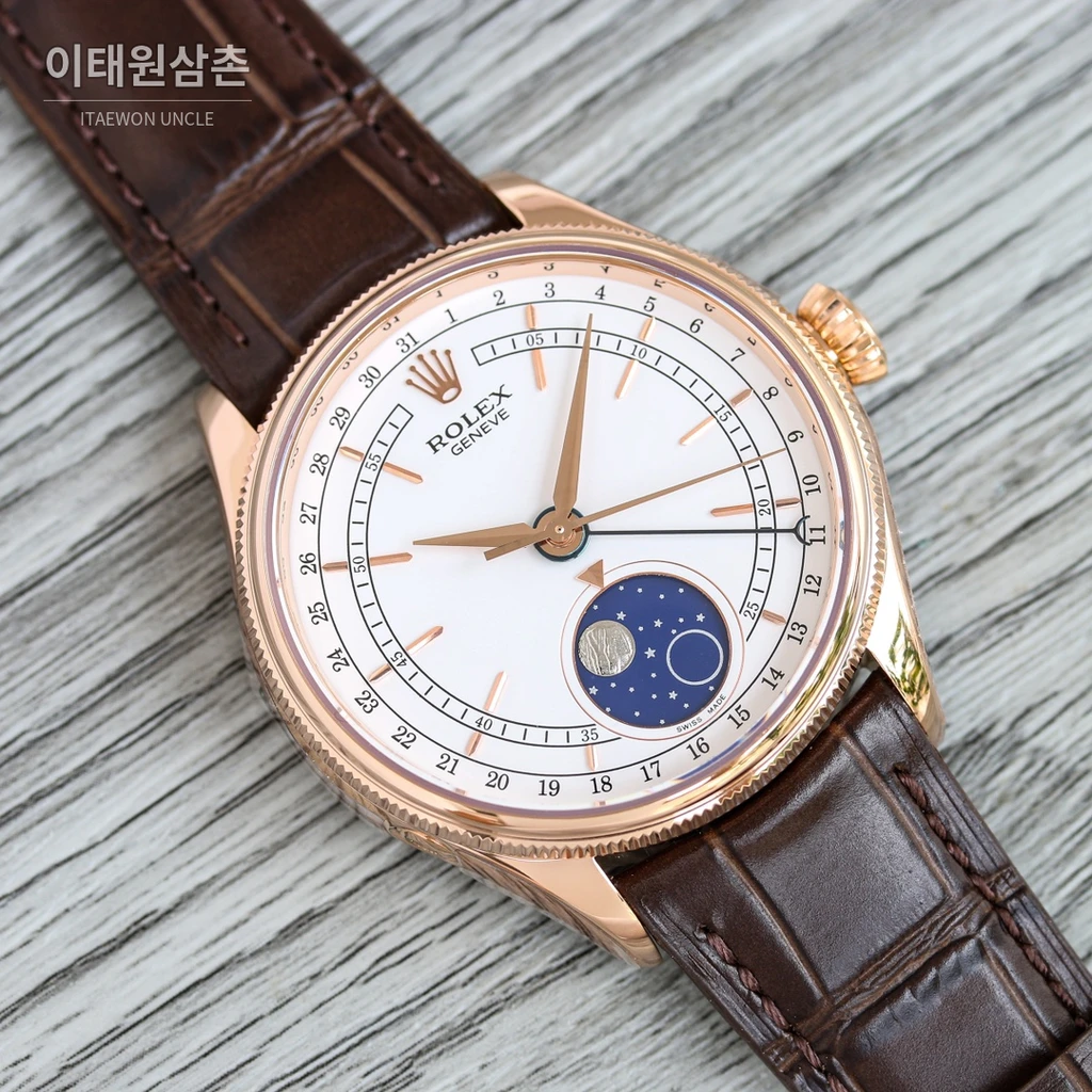 롤렉스 첼리니 문페이즈 18K 로즈 골드 메테오라이트 문페이즈 오토매틱 39mm