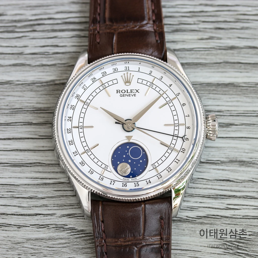 롤렉스 첼리니 문페이즈 스틸 실버 베젤 화이트 다이얼 오토매틱 39mm
