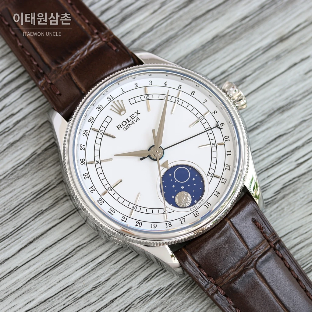 롤렉스 첼리니 문페이즈 스틸 실버 베젤 화이트 다이얼 오토매틱 39mm