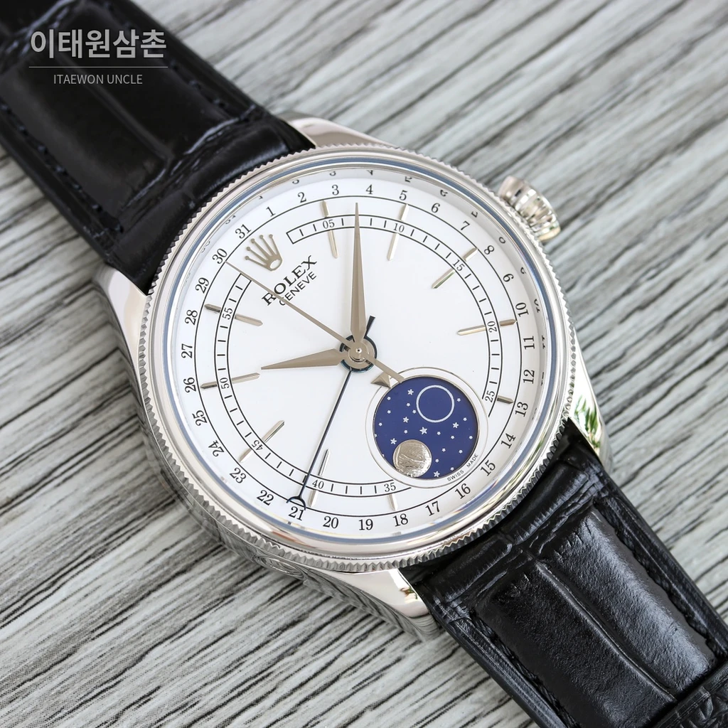 롤렉스 첼리니 문페이즈 스틸 실버 베젤 화이트 다이얼 오토매틱 39mm
