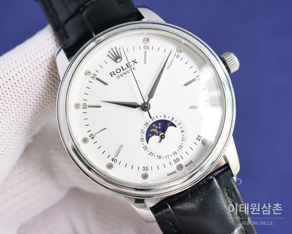 롤렉스 첼리니 문페이즈 오토매틱 40mm 화이트 다이얼 블랙 가죽 스트랩