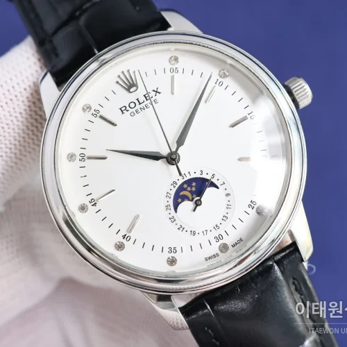 롤렉스 첼리니 문페이즈 오토매틱 40mm 화이트 다이얼 블랙 가죽 스트랩 롤렉스 첼리니 문페이즈 오토매틱 40mm 화이트 다이얼 블랙 가죽 스트랩