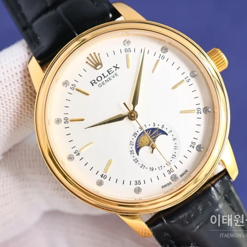 롤렉스 첼리니 문페이즈 오토매틱 40mm 화이트 다이얼 블랙 가죽 스트랩 골드 베젤 롤렉스 첼리니 문페이즈 오토매틱 40mm 화이트 다이얼 블랙 가죽 스트랩 골드 베젤