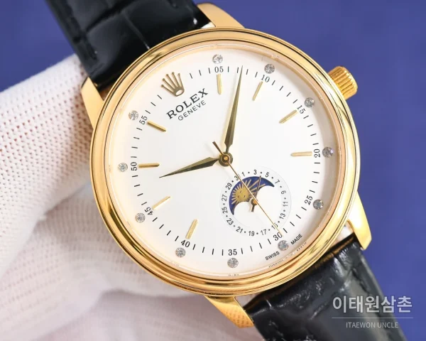 롤렉스 첼리니 문페이즈 오토매틱 40mm 화이트 다이얼 블랙 가죽 스트랩 골드 베젤