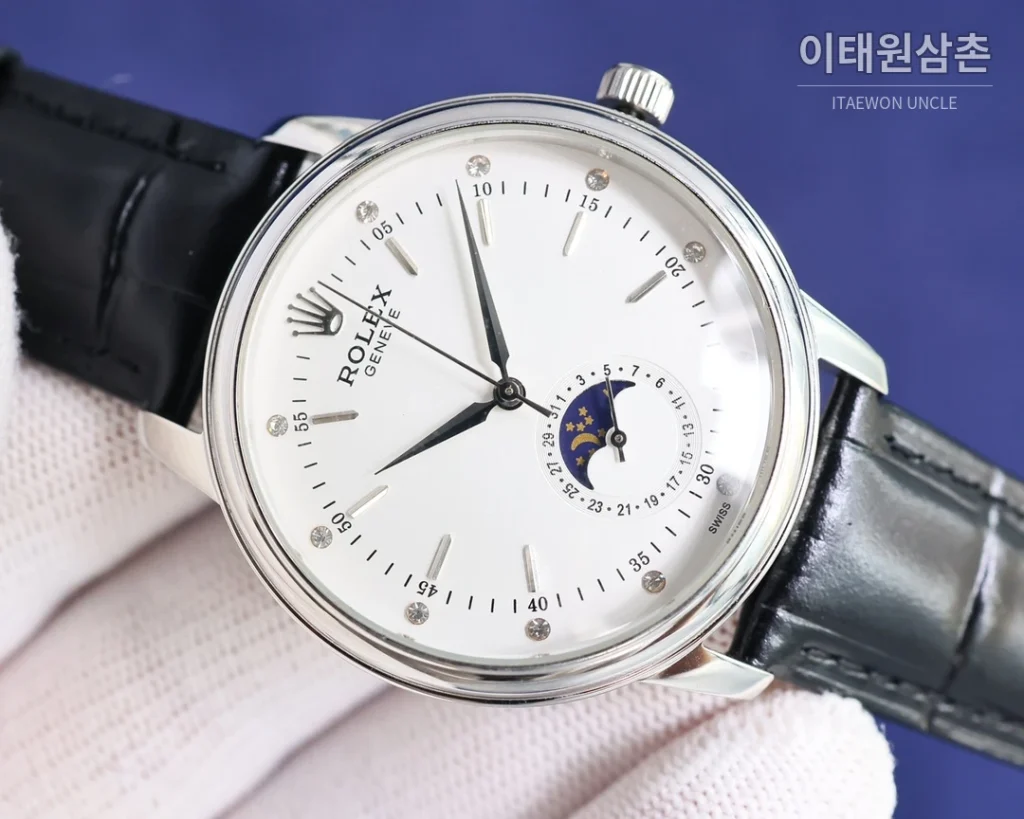 롤렉스 첼리니 문페이즈 오토매틱 40mm 화이트 다이얼 블랙 가죽 스트랩