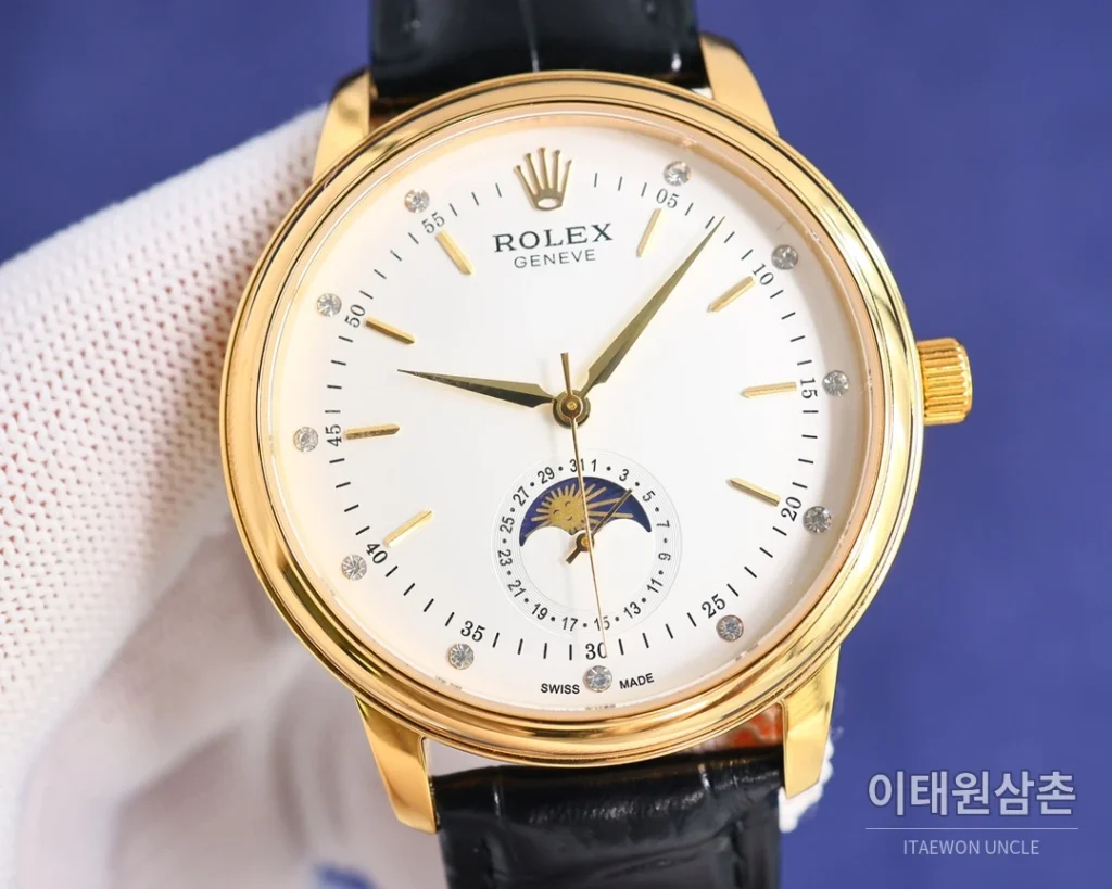 롤렉스 첼리니 문페이즈 오토매틱 40mm 화이트 다이얼 블랙 가죽 스트랩 골드 베젤