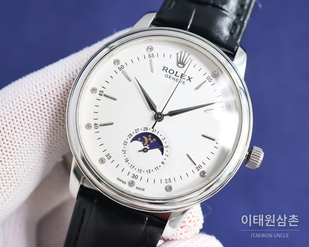 롤렉스 첼리니 문페이즈 오토매틱 40mm 화이트 다이얼 블랙 가죽 스트랩