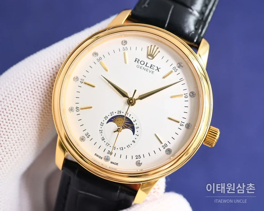 롤렉스 첼리니 문페이즈 오토매틱 40mm 화이트 다이얼 블랙 가죽 스트랩 골드 베젤