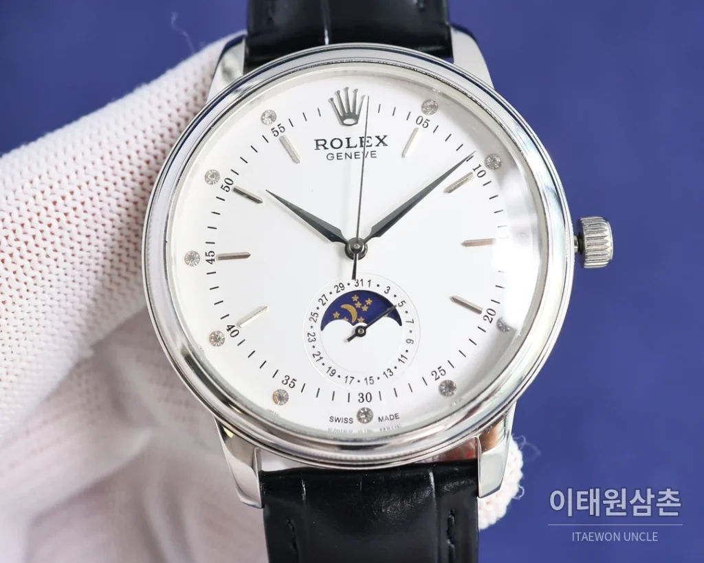 롤렉스 첼리니 문페이즈 오토매틱 40mm 화이트 다이얼 블랙 가죽 스트랩