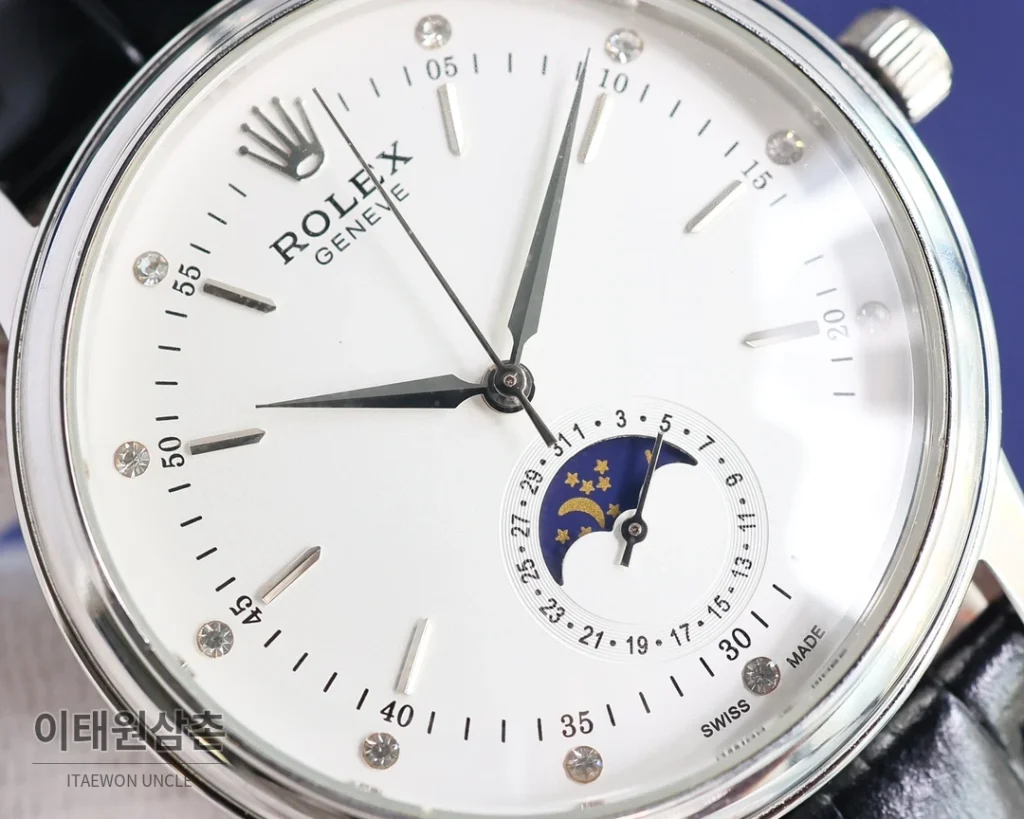 롤렉스 첼리니 문페이즈 오토매틱 40mm 화이트 다이얼 블랙 가죽 스트랩
