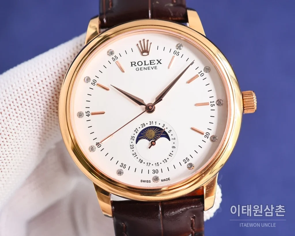롤렉스 첼리니 문페이즈 오토매틱 40mm 화이트 다이얼 블랙 가죽 스트랩 골드 베젤