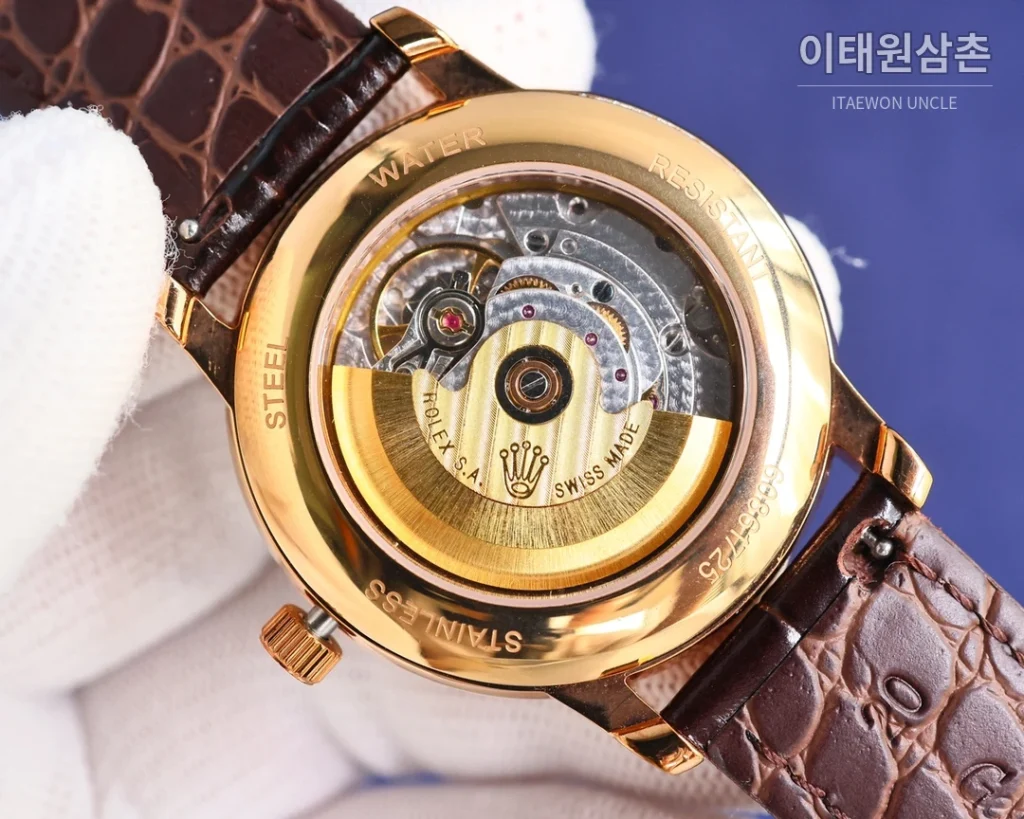롤렉스 첼리니 문페이즈 오토매틱 40mm 화이트 다이얼 블랙 가죽 스트랩 골드 베젤
