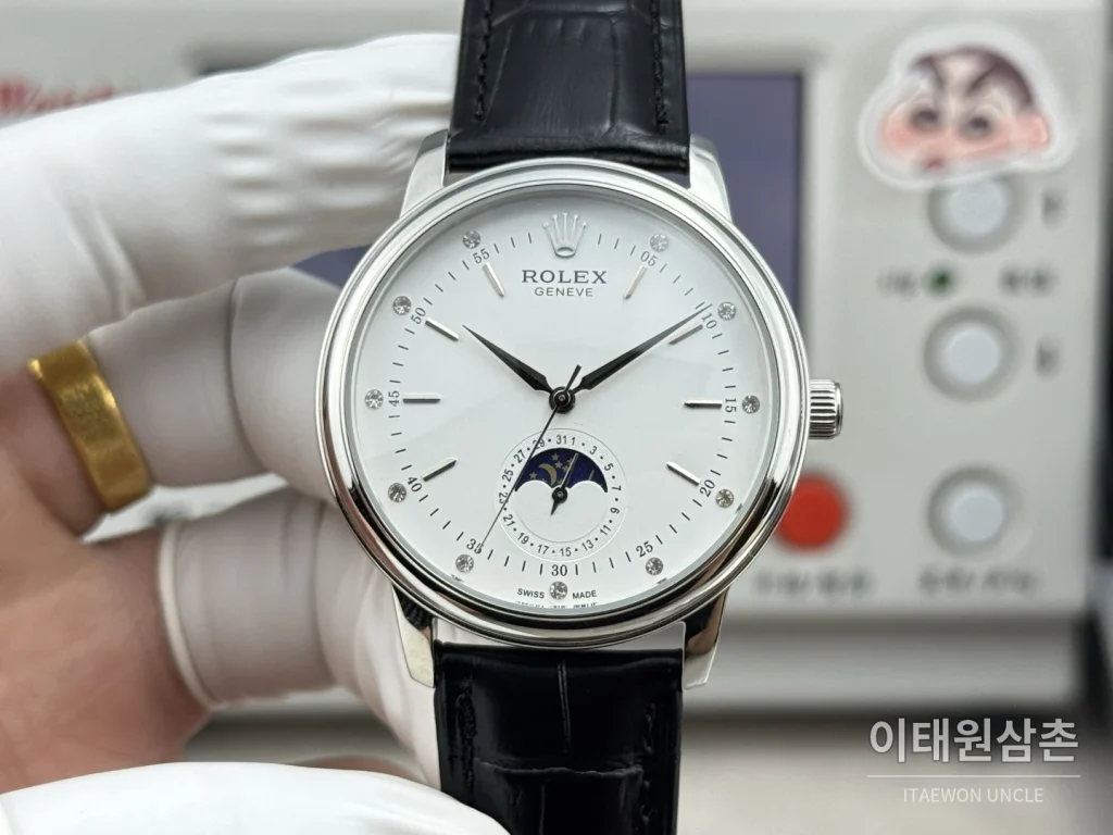 롤렉스 셀리니 문페이즈 블루에나멜 오토매틱 40mm 실버 블랙 가죽 스트랩