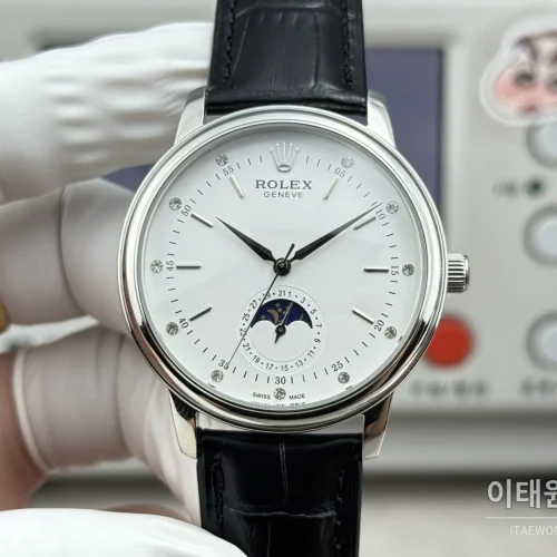 롤렉스 셀리니 문페이즈 블루에나멜 오토매틱 40mm 실버 블랙 가죽 스트랩 롤렉스 셀리니 문페이즈 블루에나멜 오토매틱 40mm 실버 블랙 가죽 스트랩