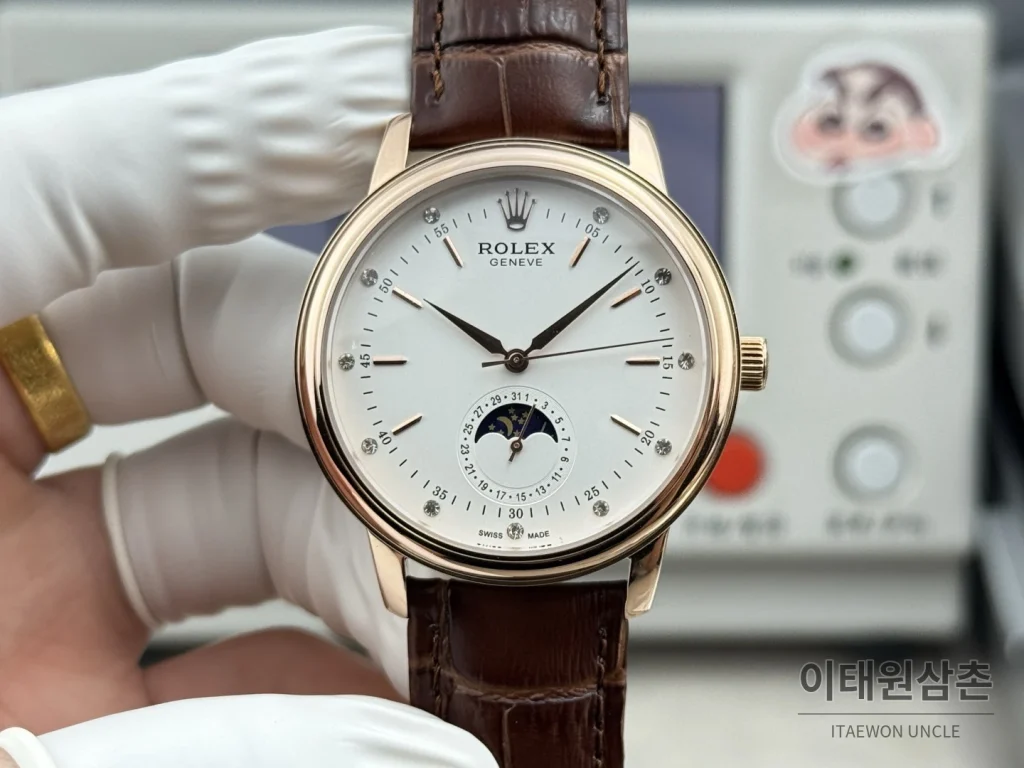 롤렉스 셀리니 문페이즈 블루에나멜 오토매틱 40mm 실버 브라운 가죽 스트랩 로즈골드 베젤