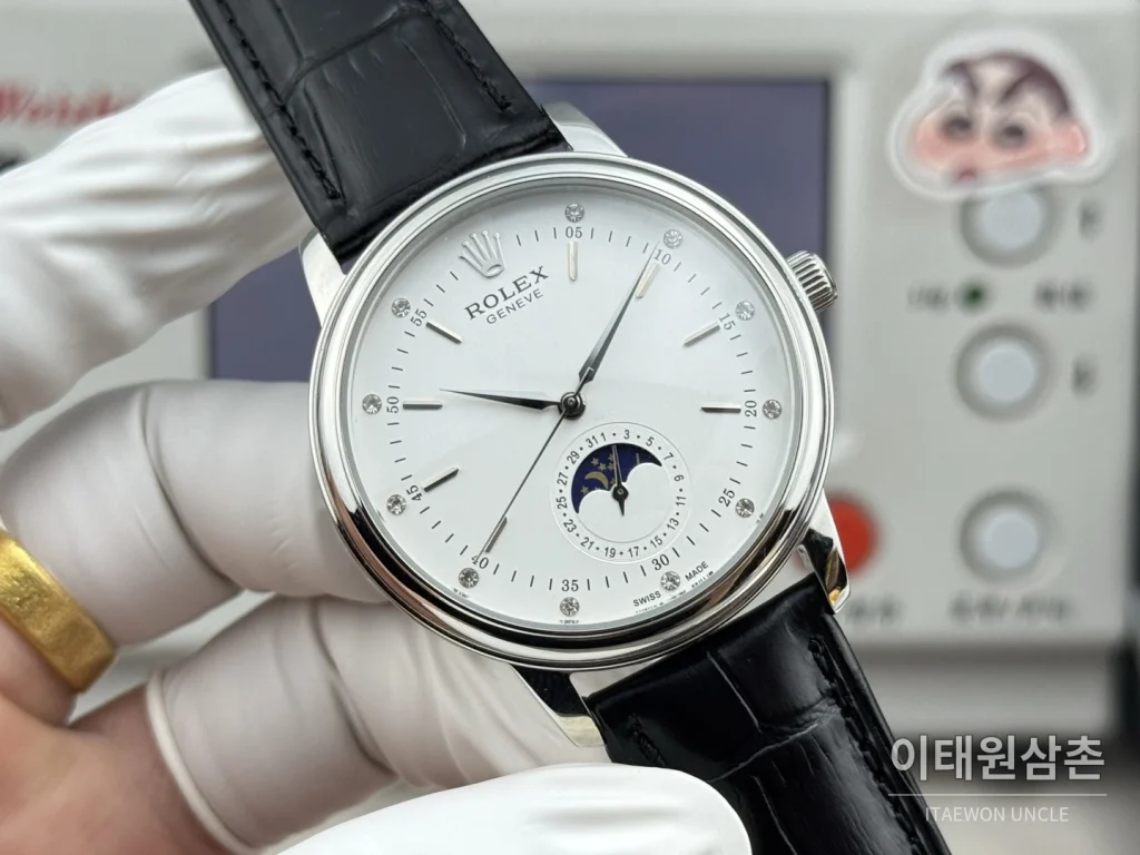 롤렉스 셀리니 문페이즈 블루에나멜 오토매틱 40mm 실버 블랙 가죽 스트랩