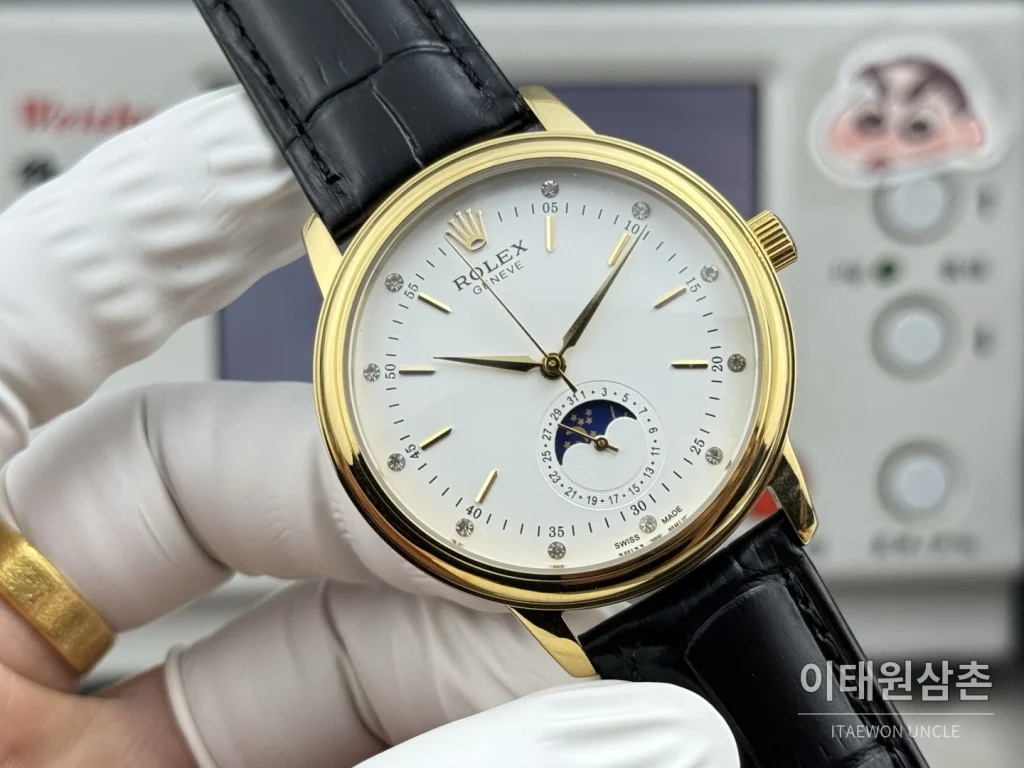 롤렉스 셀리니 문페이즈 블루에나멜 오토매틱 40mm 실버 블랙 가죽 스트랩 골드 베젤