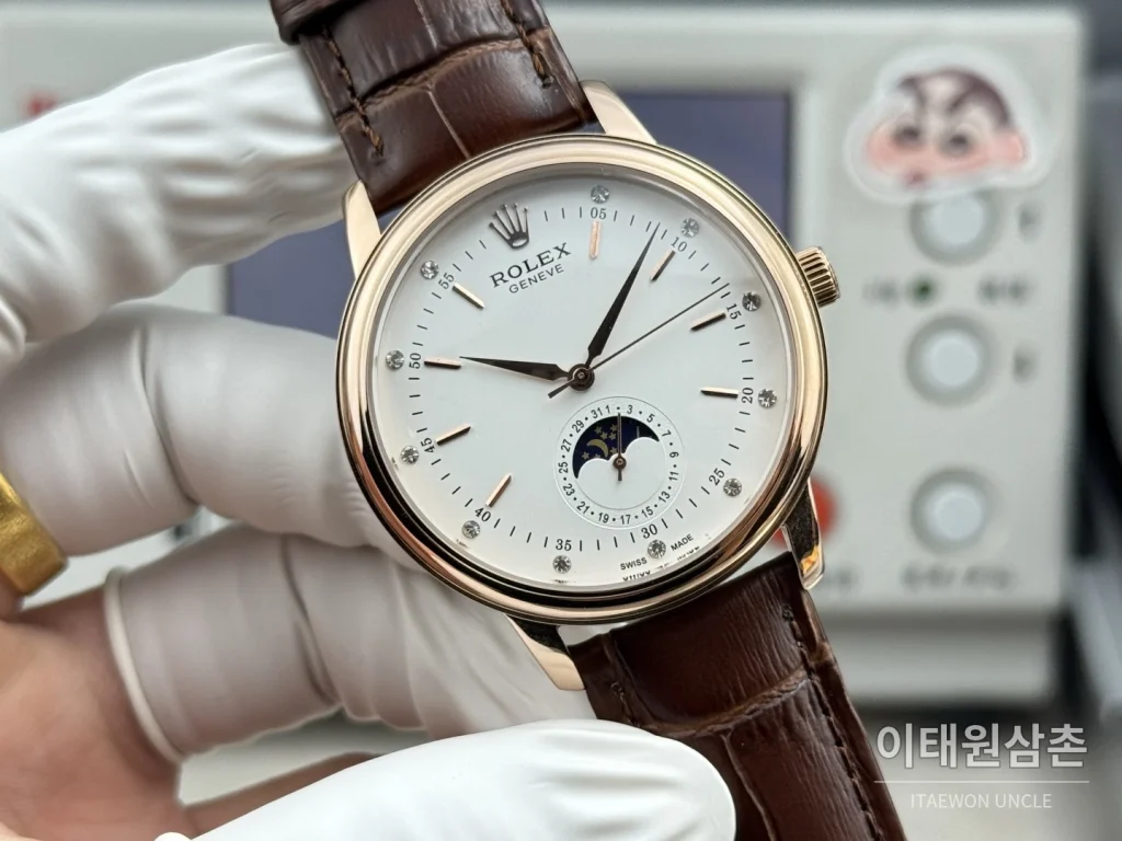롤렉스 셀리니 문페이즈 블루에나멜 오토매틱 40mm 실버 브라운 가죽 스트랩 로즈골드 베젤