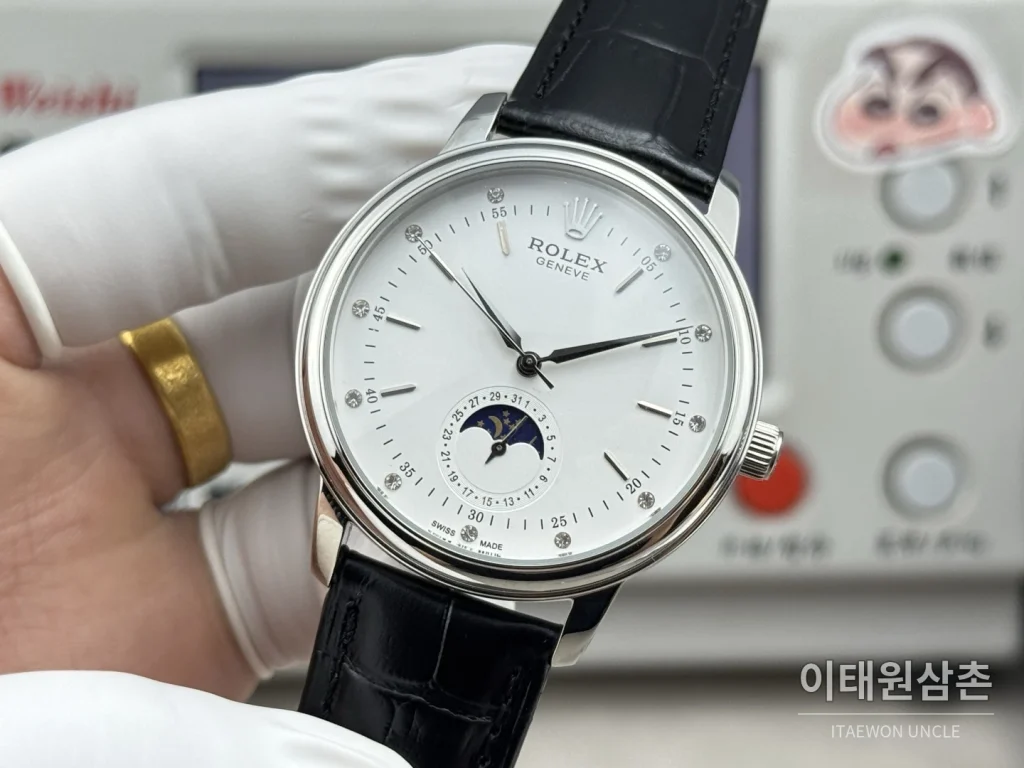 롤렉스 셀리니 문페이즈 블루에나멜 오토매틱 40mm 실버 블랙 가죽 스트랩