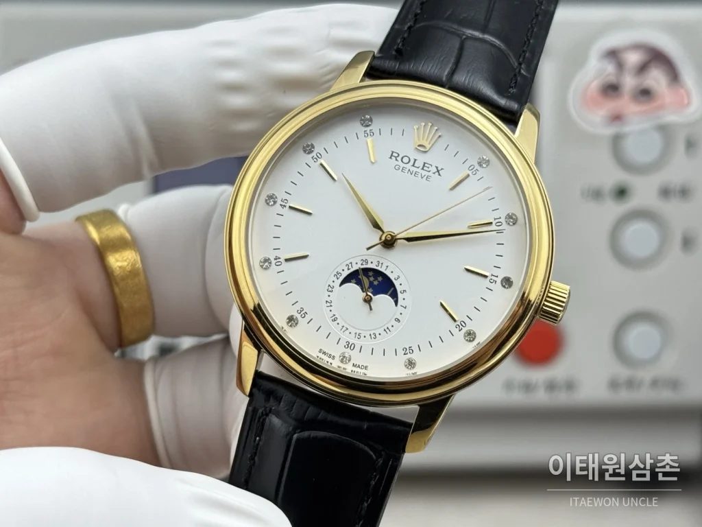 롤렉스 셀리니 문페이즈 블루에나멜 오토매틱 40mm 실버 블랙 가죽 스트랩 골드 베젤