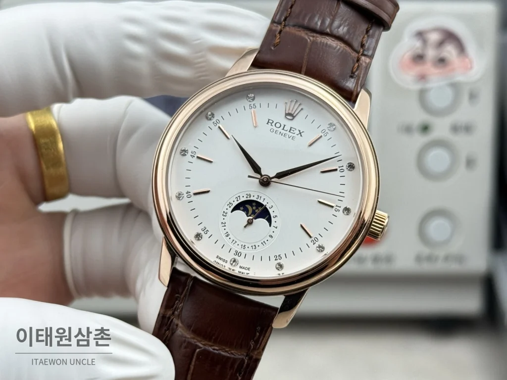 롤렉스 셀리니 문페이즈 블루에나멜 오토매틱 40mm 실버 브라운 가죽 스트랩 로즈골드 베젤