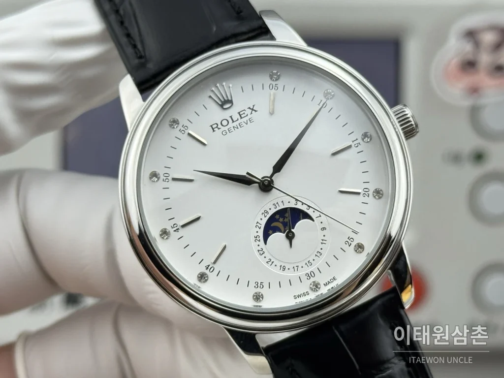 롤렉스 셀리니 문페이즈 블루에나멜 오토매틱 40mm 실버 블랙 가죽 스트랩