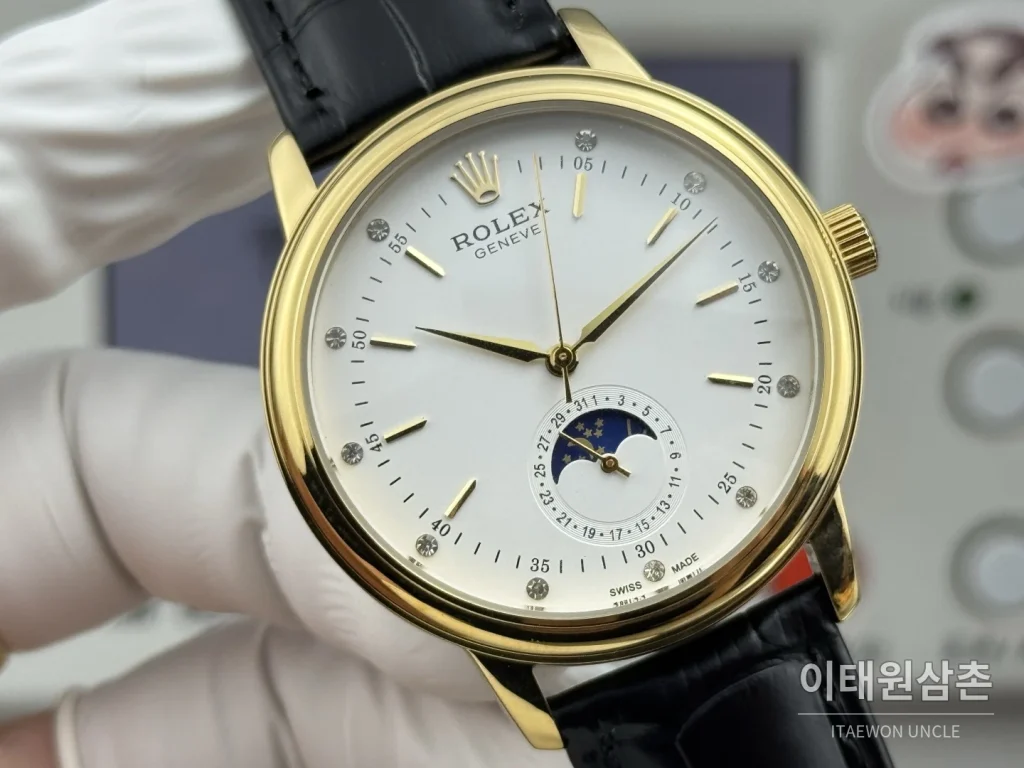롤렉스 셀리니 문페이즈 블루에나멜 오토매틱 40mm 실버 블랙 가죽 스트랩 골드 베젤