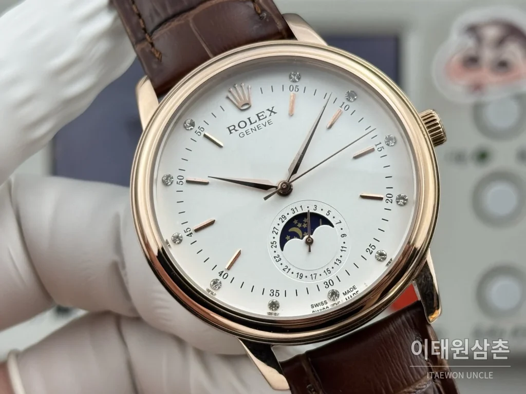 롤렉스 셀리니 문페이즈 블루에나멜 오토매틱 40mm 실버 브라운 가죽 스트랩 로즈골드 베젤