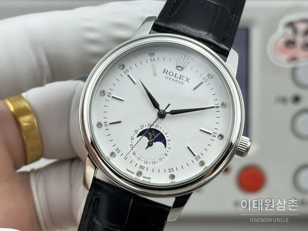 롤렉스 셀리니 문페이즈 블루에나멜 오토매틱 40mm 실버 블랙 가죽 스트랩