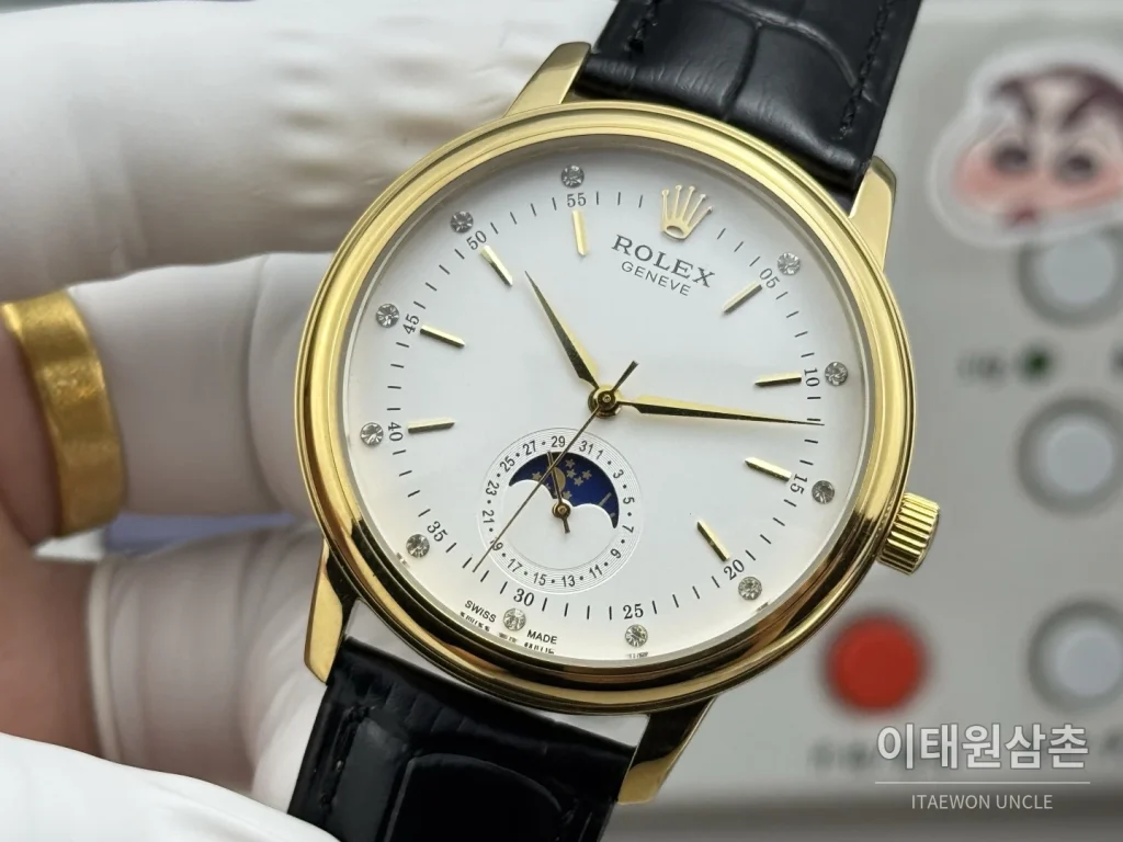 롤렉스 셀리니 문페이즈 블루에나멜 오토매틱 40mm 실버 블랙 가죽 스트랩 골드 베젤