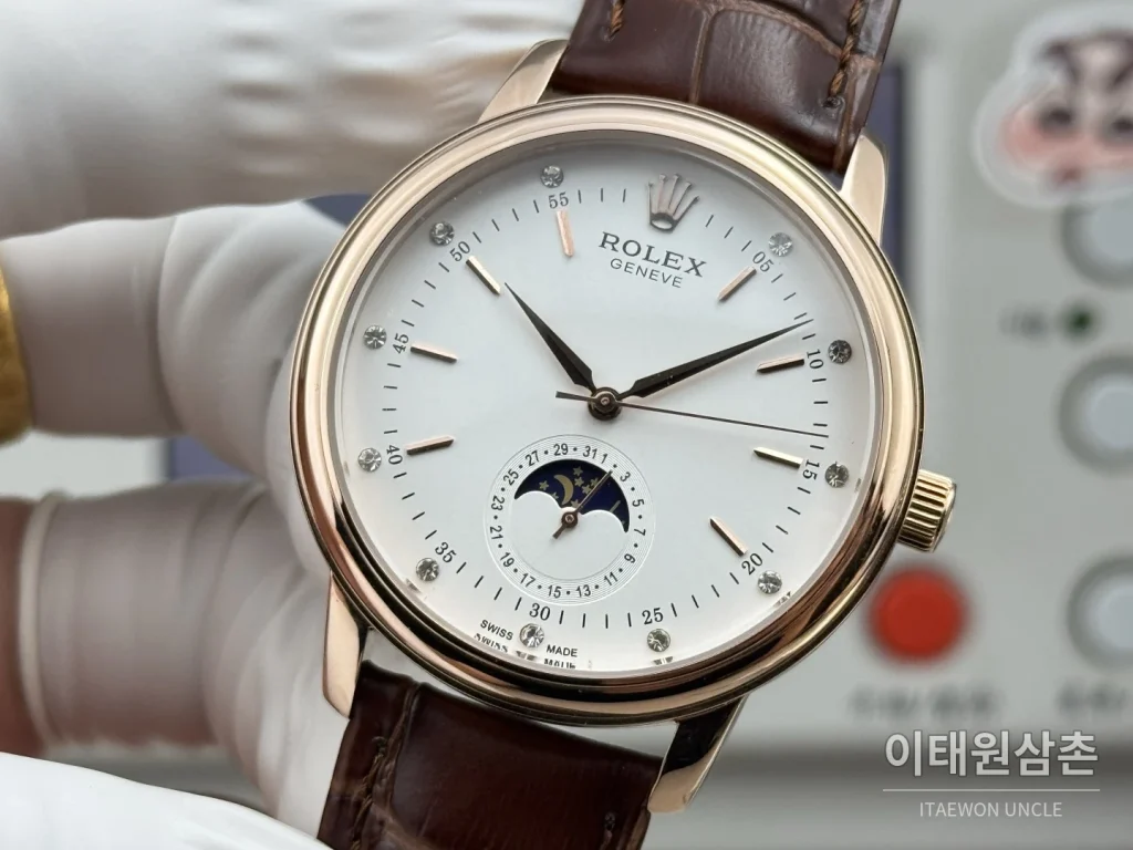 롤렉스 셀리니 문페이즈 블루에나멜 오토매틱 40mm 실버 브라운 가죽 스트랩 로즈골드 베젤