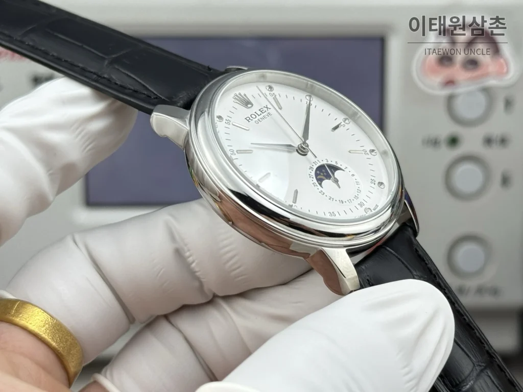 롤렉스 셀리니 문페이즈 블루에나멜 오토매틱 40mm 실버 블랙 가죽 스트랩