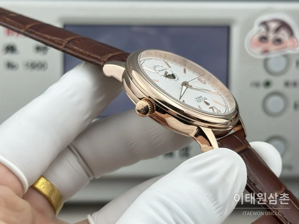 롤렉스 셀리니 문페이즈 블루에나멜 오토매틱 40mm 화이트 다이얼 브라운 가죽 스트랩 로즈골드 베젤