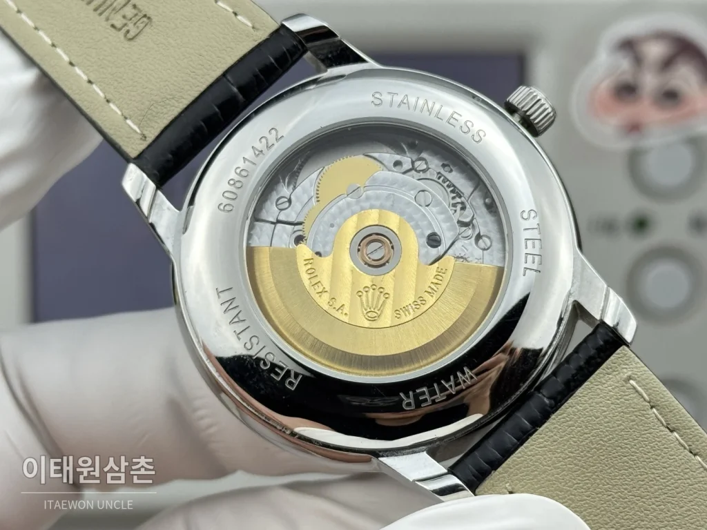 롤렉스 셀리니 문페이즈 블루에나멜 오토매틱 40mm 화이트 다이얼 블랙 가죽 스트랩