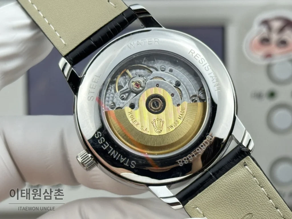 롤렉스 셀리니 문페이즈 블루에나멜 오토매틱 40mm 실버 블랙 가죽 스트랩