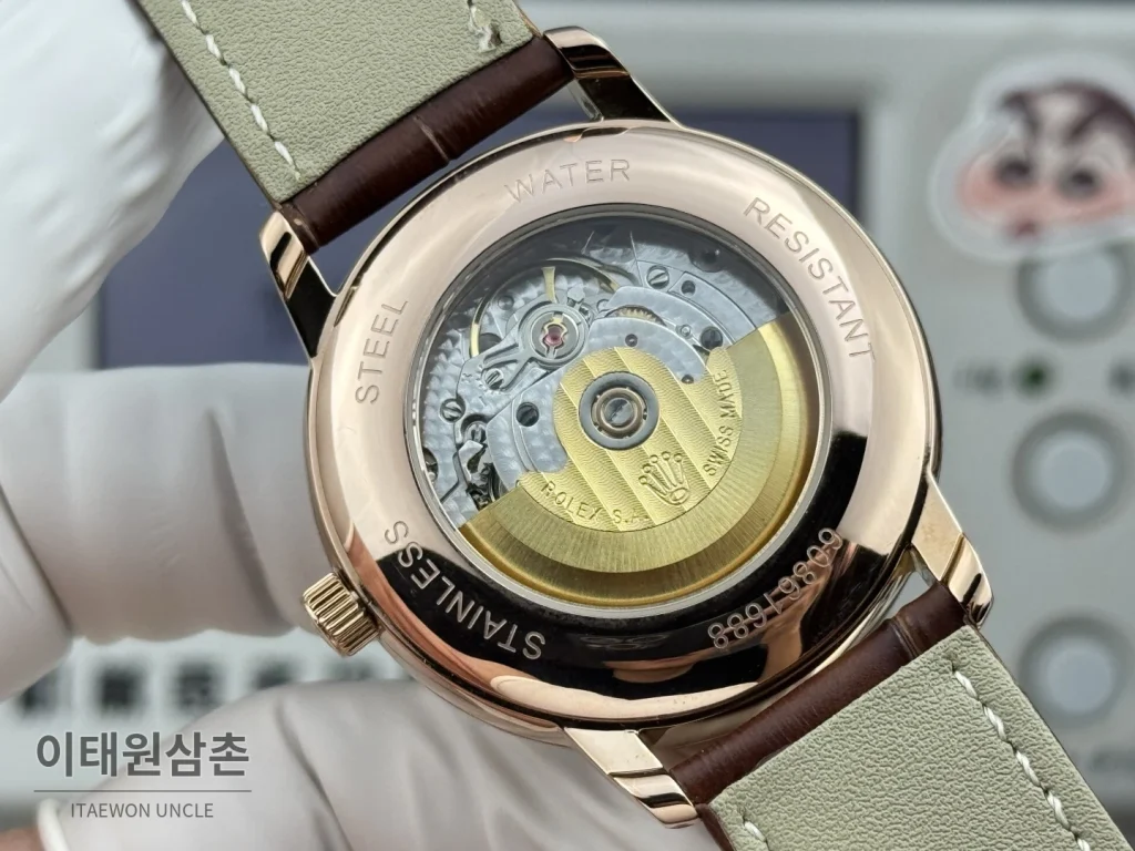 롤렉스 셀리니 문페이즈 블루에나멜 오토매틱 40mm 실버 브라운 가죽 스트랩 로즈골드 베젤