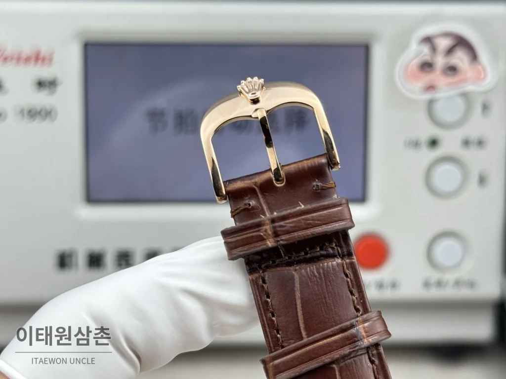 롤렉스 셀리니 문페이즈 블루에나멜 오토매틱 40mm 화이트 다이얼 브라운 가죽 스트랩 로즈골드 베젤