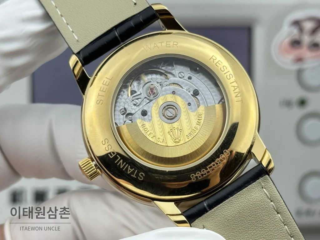 롤렉스 셀리니 문페이즈 블루에나멜 오토매틱 40mm 실버 블랙 가죽 스트랩 골드 베젤