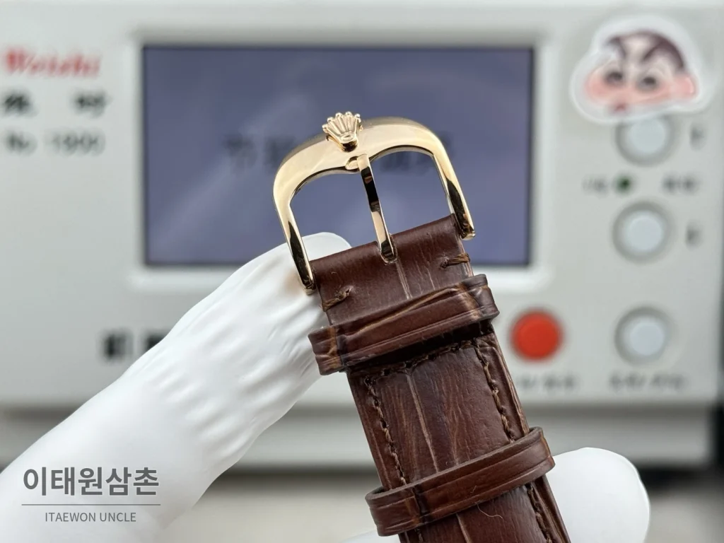롤렉스 셀리니 문페이즈 블루에나멜 오토매틱 40mm 실버 브라운 가죽 스트랩 로즈골드 베젤