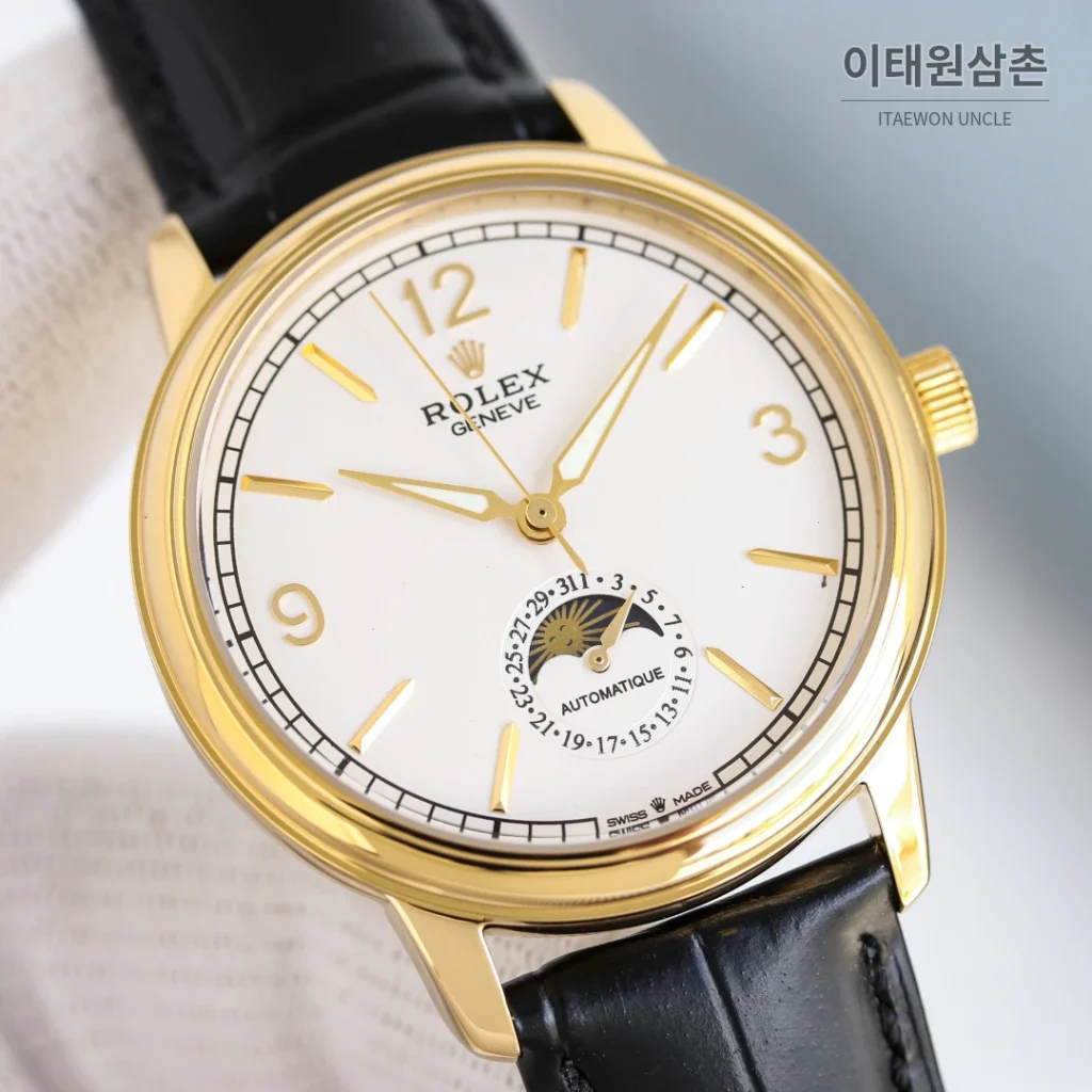 롤렉스 첼리니 문페이즈 스틸 문페이즈 오토매틱 40mm 화이트 다이얼 블랙 가죽 스트랩 골드 베젤
