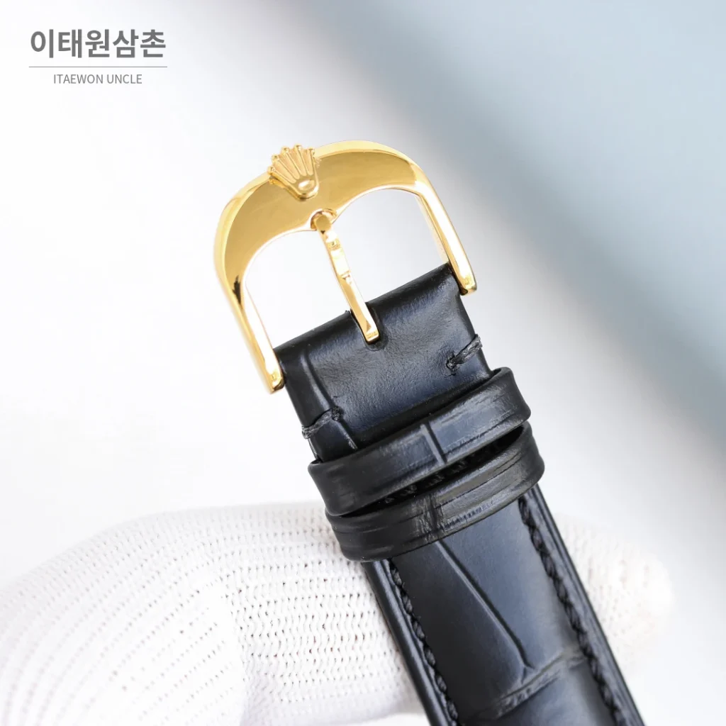 롤렉스 첼리니 문페이즈 스틸 문페이즈 오토매틱 40mm 화이트 다이얼 블랙 가죽 스트랩 골드 베젤