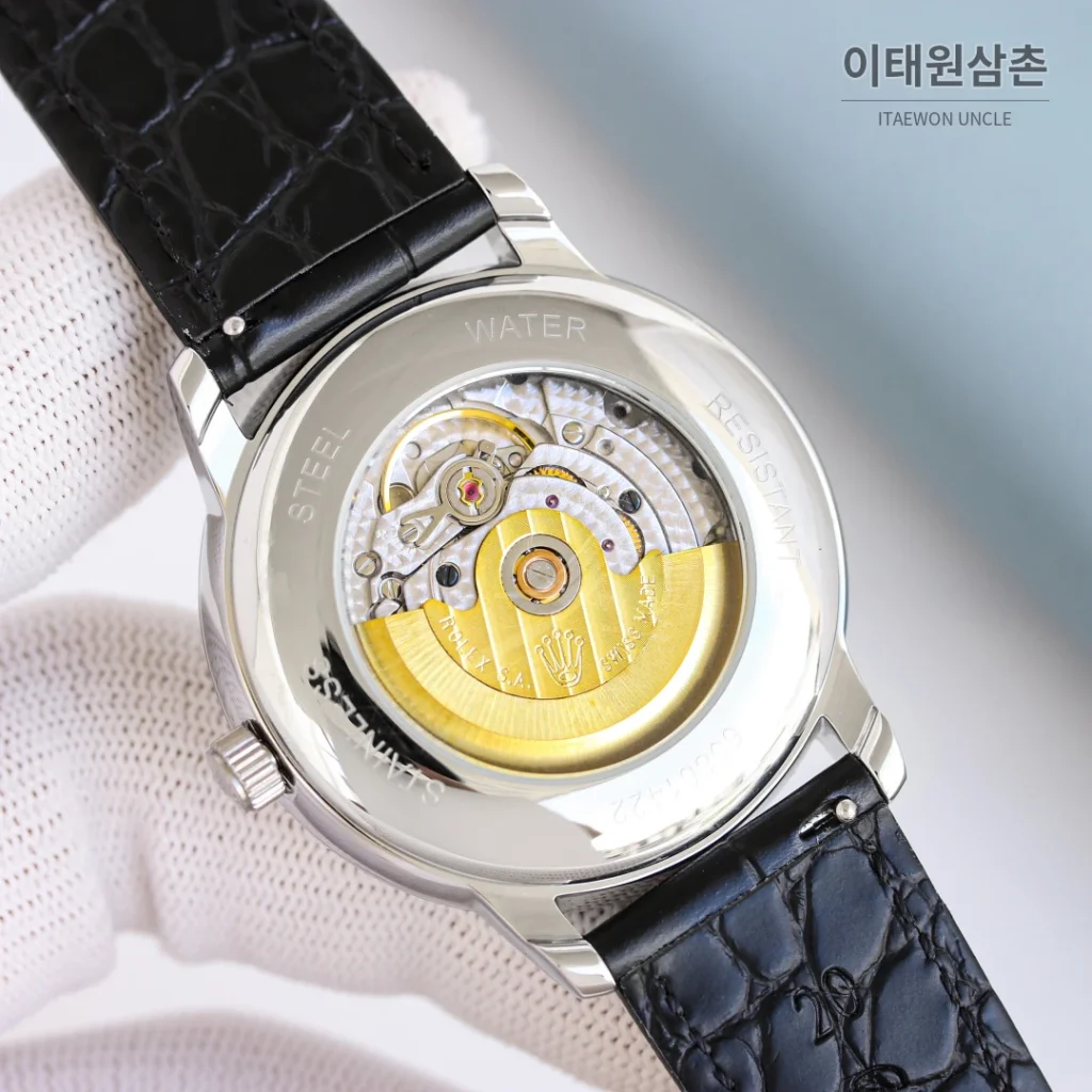 롤렉스 첼리니 문페이즈 스틸 문페이즈 오토매틱 40mm 화이트 다이얼 블랙 가죽 스트랩