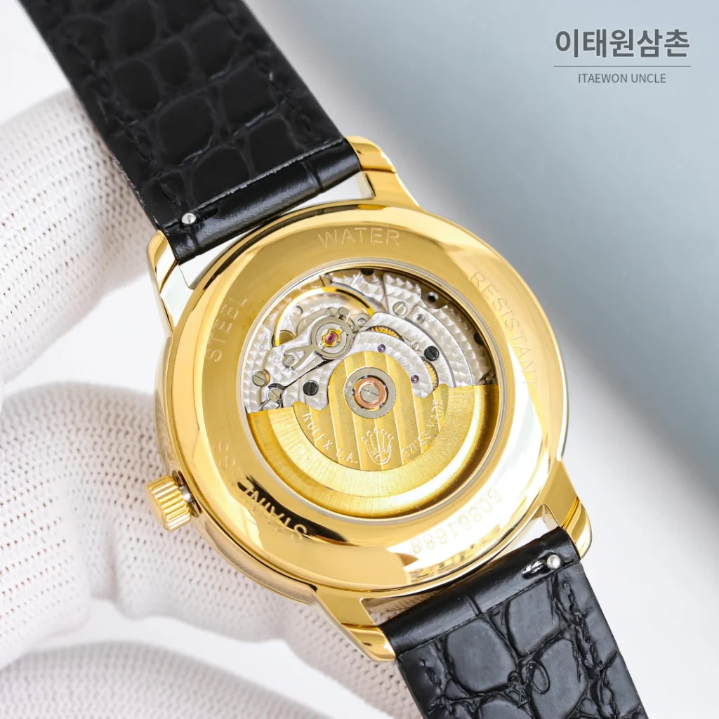 롤렉스 첼리니 문페이즈 스틸 문페이즈 오토매틱 40mm 화이트 다이얼 블랙 가죽 스트랩 골드 베젤