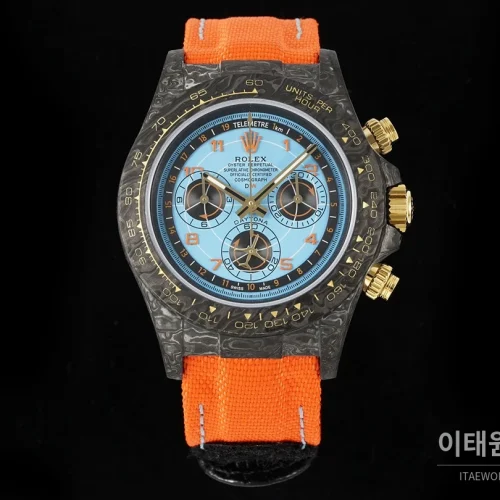 롤렉스 코스모그래프 데이토나 카본 스켈레톤백 크로노그래프 40mm 아이스블루 다이얼 오렌지 나일론 스트랩 블랙 베젤 롤렉스 코스모그래프 데이토나 카본 스켈레톤백 크로노그래프 40mm 아이스블루 다이얼 오렌지 나일론 스트랩 블랙 베젤