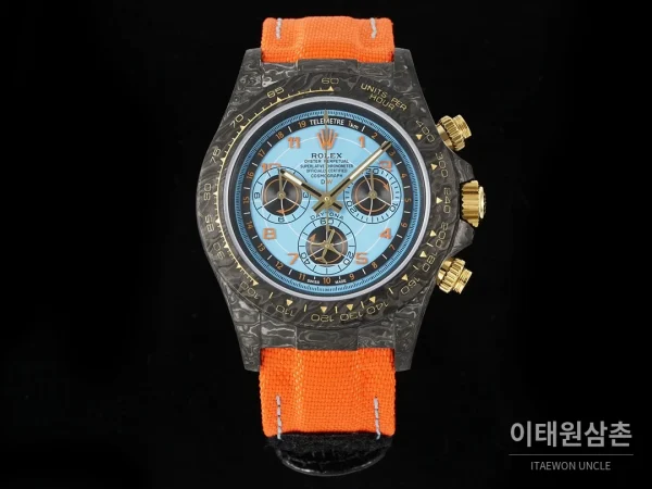 롤렉스 코스모그래프 데이토나 카본 스켈레톤백 크로노그래프 40mm 아이스블루 다이얼 오렌지 나일론 스트랩 블랙 베젤