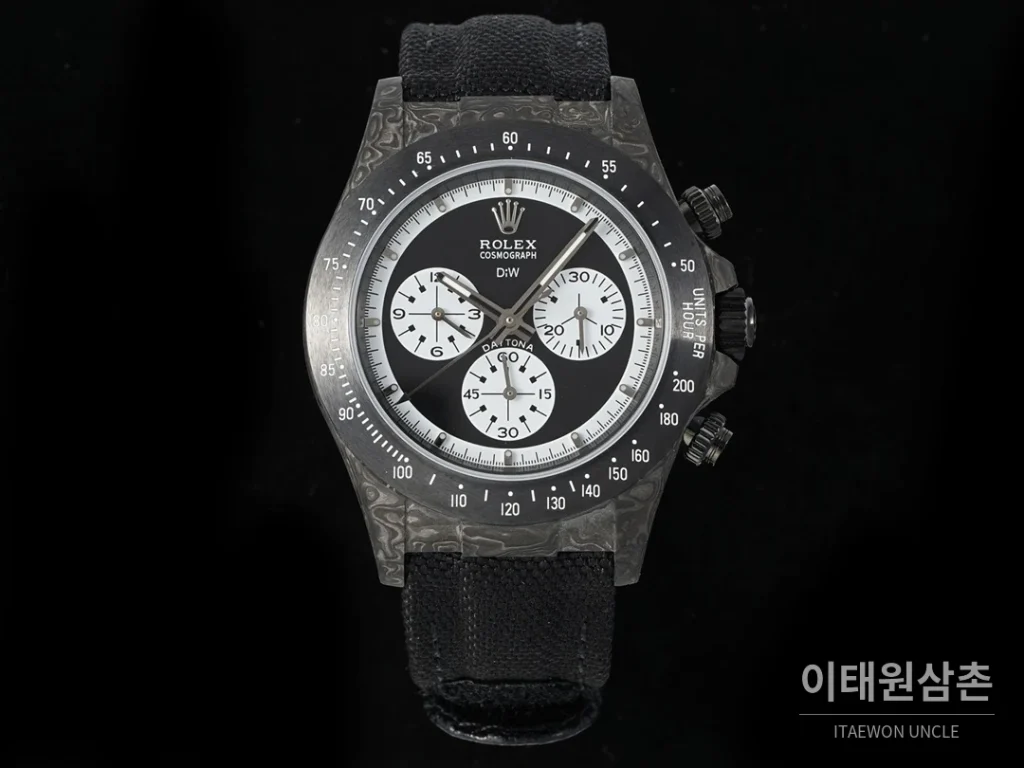 롤렉스 코스모그래프 데이토나 카본 스켈레톤백 크로노그래프 40mm 블랙 다이얼 블랙 나일론 스트랩 그레이 베젤